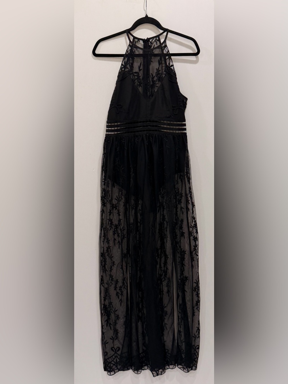 L'ATISTE Black Embroidered Sheer Halter Maxi Dress